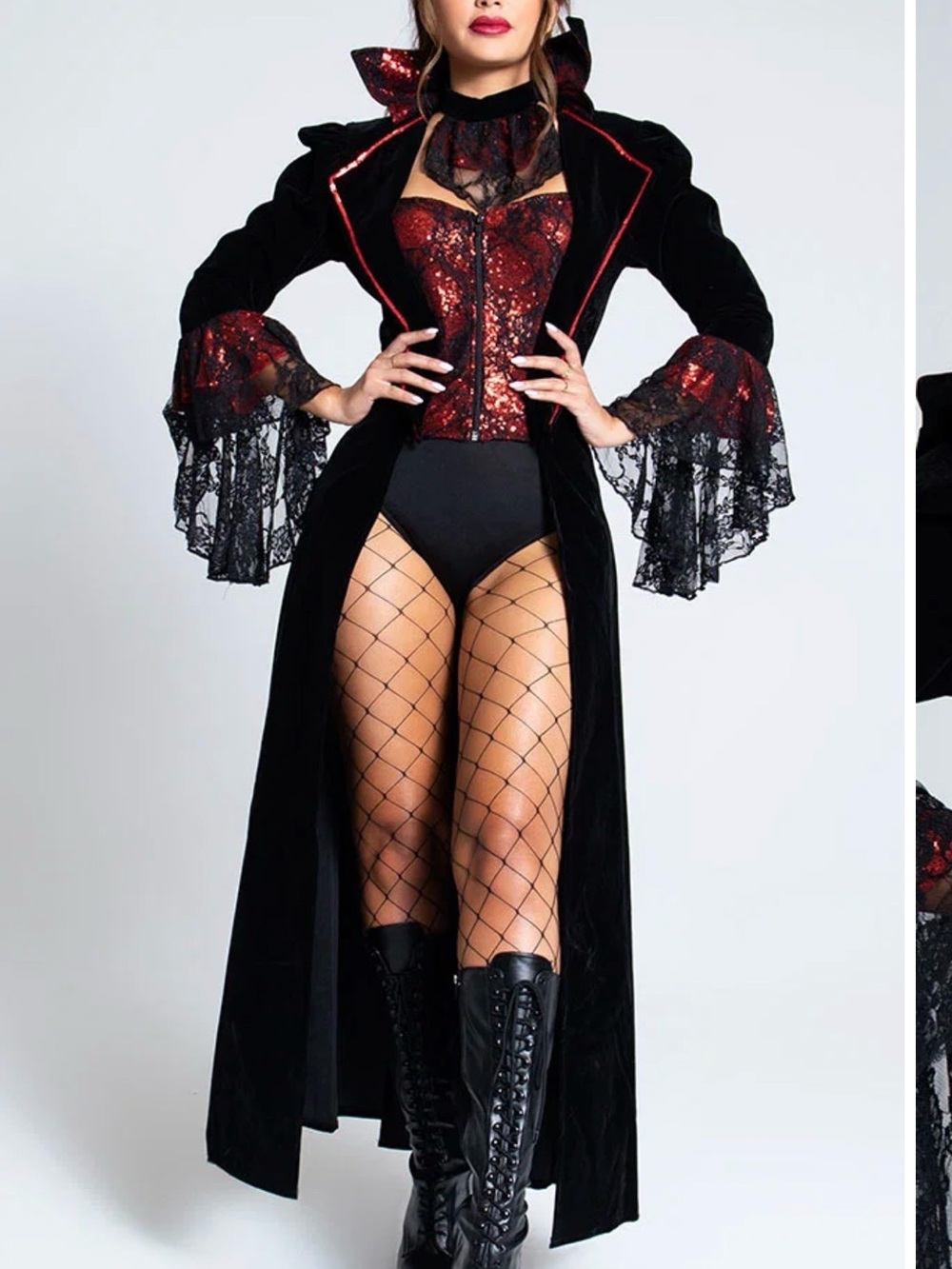 Lusty lace vampire : Yandy Black Velvet Long Coat with Red Sequin Lace Accents